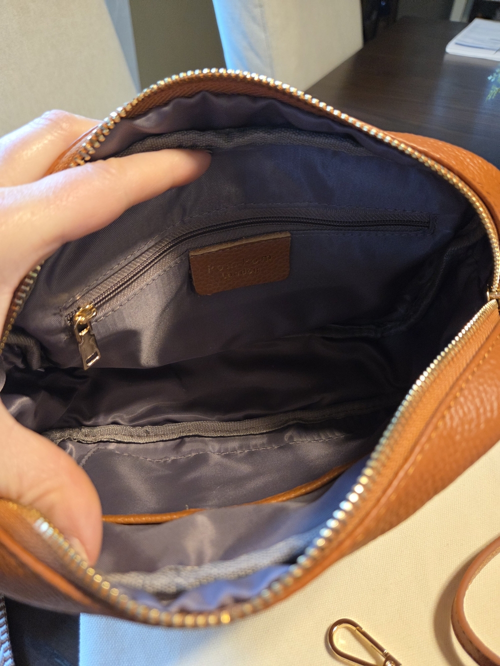 Pom Pom London City Leather Crossbody Bag Maple Tan Chevron Strap Bundle - Picture 6 of 6